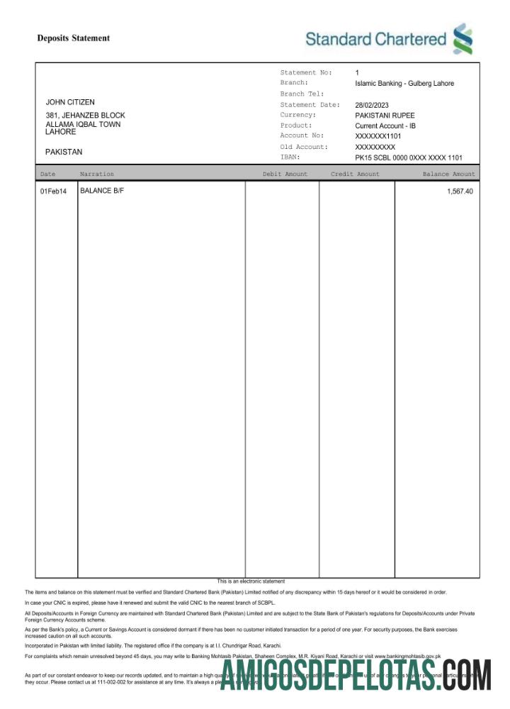 Extrato bancário padrão do Paquistão para download Word e PDF modelo Scr